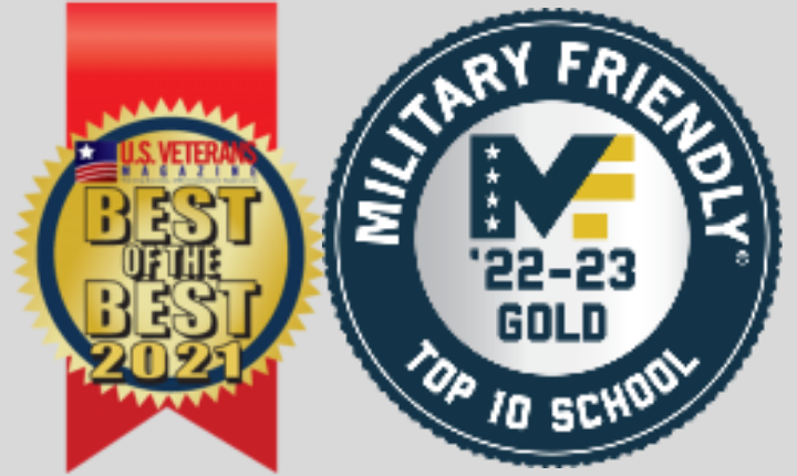 '22-'23 Military Friendly Top 10 School - Gold Status emblem and 2021 Best of the Best Top Veteran-Friendly Schools ribbon